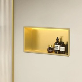 Rea Vstavaná kúpeľňová polica s LED osvetlením 60x30 cm, kartáčovaná zlatá