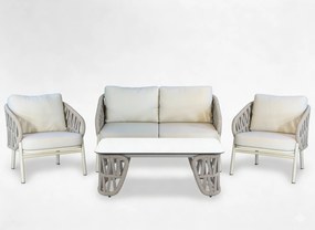 SÚPRAVA HLINÍKOVÉHO NÁBYTKU (SOFA + 2 KRESLÁ + KAVIARENSKÝ STOLÍK) BEŽOVÁ + BEŽOVÉ VANKÚŠE *0418