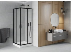 Mexen Rio, štvorcový sprchovací kút s posuvnými dverami 70(dvere) x 70(dvere) x 190 cm, 6mm sklo námraza, čierny profil + biela sprchová vanička RIO, 860-070-070-70-30-4510