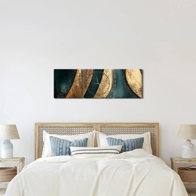 Obraz - Zelená abstrakcia so zlatom I. (s hodinami) (90x30 cm)