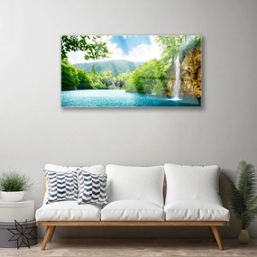 Obraz na skle Vodopád jazero príroda 140x70 cm