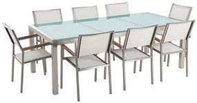 Sada záhradného nábytku stôl so sklenenou doskou 220 x 100 cm 8 bielych stoličiek GROSSETO Beliani
