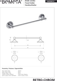 Bemeta Design RETRO chróm: Držiak uterákov, 300 mm - 144304012
