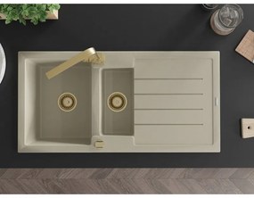 Mexen Andres, granitový drez 1000x500x200 mm, 1,5-komorový, béžová so zlatým sifónom a zlatá drezová batéria Rita, 6515-69-670300-50