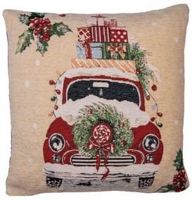 Béžovo-červená obliečka na vankúš s autíčkom Christmas Rustic - 44*44 cm