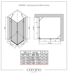 Cerano Marino Duo, sprchovací kút 120(dvere) x 120(dvere), 6mm číre sklo, chrómový profil, CER-CER-422919