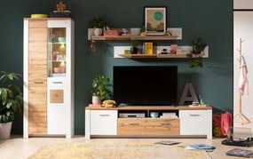 Vysoká vitrína s osvetlením Matera, starý dub/biela