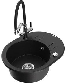 Mexen Kevin, granitový drez 586x458x190 mm, 1-komorový a biela batéria Duo, čierna, 6517-77-671701-07