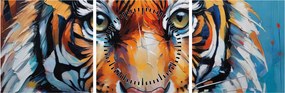 Obraz - Pohľad tigra, maľba (s hodinami) (90x30 cm)