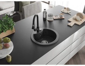 Mexen Diego, 1-komorový granitový drez 488x488x167 mm a drezová batéria Elia, čierna škvrnitá, 6512-76-670101-70