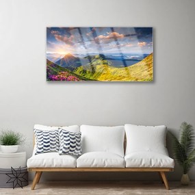 Skleneny obraz Hory slnko lúka krajina 120x60 cm