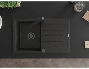 Mexen Bruno, drez granitový 795x495x200 mm, 1-komorový, čierna-zlatá metalíza s čiernym sifónom a čierna drezová batéria Rita, 6513-75-670300-70-B