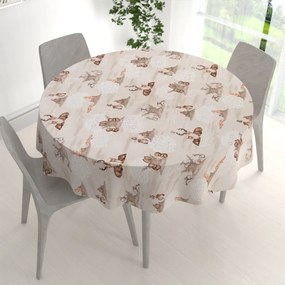 Biante Detský bavlnený okrúhly obrus Sandra SA-698 Hnedé lesné zvieratká na béžovom Ø 120 cm