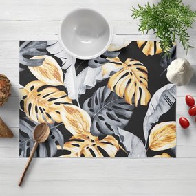 Biante Bavlnené prestieranie na stôl Sandra SA-228 Sivé a zlaté tropické listy na čiernom 35x45 cm