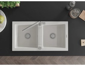 Mexen Mario, 2-komorový granitový drez 820x436x161 mm a drezová batéria Flora, biela, 6504-20-670401-00