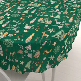 Biante Vianočný bavlnený oválny obrus Sandra SA-508 Vianoční škriatkovia a ozdoby na zelenom 50x100 cm