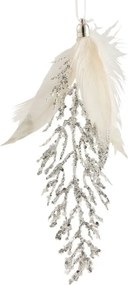 Závesná ozdoba strieborná vetvička s bielymi pierkami - 8*2*18 cm