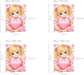 Blond dievčatko so srdiečkom a menom textilní prelepiteľná nálepka na stenu hárok 33 x 45 cm