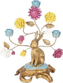 Zlatá dekorácia svietnik králik na podstavci s kvetmi - 30*16*37 cm