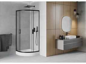 Mexen Rio, štvrťkruhový sprchovací kút s posuvnými dverami 80 x 80 cm, 6mm číre sklo, čierny profil + biela vysoká sprchová vanička Rio, 863-080-080-70-00-4710