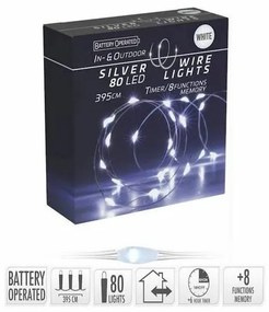 Svetelný drôt s časovačom Silver lights 80 LED, studená biela, 395 cm