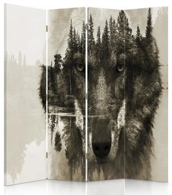 Ozdobný paraván Vlk Lesní zvířata Příroda - 145x170 cm, štvordielny, obojstranný paraván 360°