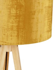 Stojaca lampa drevená s látkovým tienidlom zlatá 50 cm - Tripod Classic