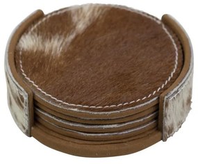 4ks hnedo bielych okrúhlych podtáciek v stojane z hovädzej kože - 11 * 11 * 3cm / 10 * 10 * 0,5cm