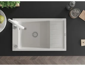 Mexen Elias, 1-komorový granitový drez 795x480x200 mm a drezová batéria Savita, biela, 6511-20-672601-20