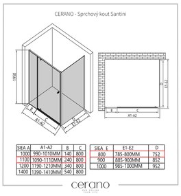Cerano Santini, sprchovací kút 110(dvere) x 80(stena) x 195 cm, 6mm číre sklo, čierny profil, CER-CER-428977
