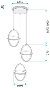 Toolight Toolight, LED závesné svietidlo 3x 20x28cm, 60W, 4000K, 4200lm, G064-3CPR, zlatá lesklá, OSW-08696