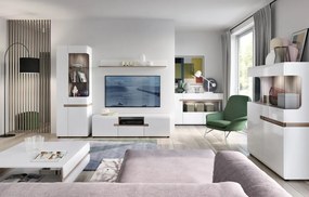 Vysoká vitrína Linate, biely lesk/dub, ľavé dvere