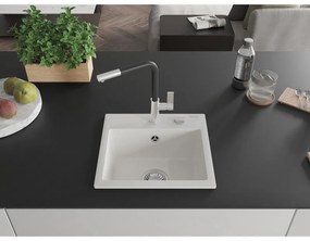 Mexen Milo, 1-komorový granitový drez 435x410x171 mm a drezová batéria Flora, biela, 6505-20-670401-07