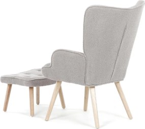 Relaxačné kreslo ušiak ROMEO II + taburet — masívne drevo, látka  bouclé, prírodná / sivá