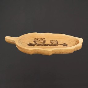 AMADEA Drevená miska v tvare listu, sova, masívne drevo, 34 cm