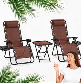 Set 2 polohovateľných záhradných lehátok so stolíkom - hnedý