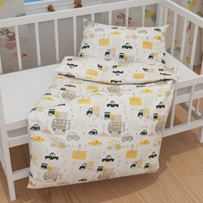 Biante Detské bavlnené posteľné obliečky do postieľky Sandra SA-672 Žlté a sivohnedé autá v meste na bielom Do postieľky 90x140 a 50x70 cm
