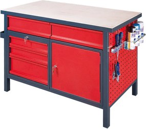 Dielenský pracovný stôl GD, 5 zásuviek, smrek + buková preglejka, 5 zásuviek, 1 skrinka, 1190 x 600 x 850 mm, grafit / červená