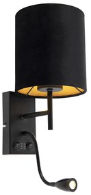Art Deco nástenná lampa čierna s zamatovým tienidlom - Stacca