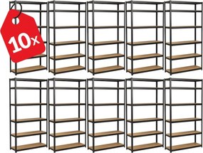 Akcia 10x Regál 220x90x45 cm lakovaný 6-policový, nosnosť 1050 kg - čierny