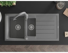 Mexen Andres, 1,5-komorový granitový drez 1000x500x200 mm a drezová batéria Savita, šedá, 6515-71-672601-71