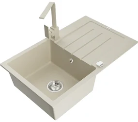 Mexen Bruno, drez granitový 795x495x200 mm, 1-komorový, béžová s chrómovým sifónom a béžovou drezovou batériou Rita, 6513-69-670300-69
