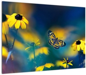 Obraz - Žltý motýľ s kvetmi (70x50 cm)