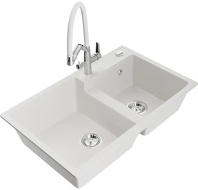 Mexen Tomas, 2-komorový granitový drez 800x500x190 mm a kuchynská batéria Duo, biela, 6516-20-671701-02