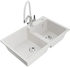 Mexen Tomas, 2-komorový granitový drez 800x500x190 mm a kuchynská batéria Duo, biela, 6516-20-671701-02