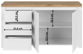 Komoda Vilgi 2D3S (vysoký lesk biely + dub wotan). Vlastná spoľahlivá doprava až k Vám domov. 1052046