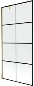 Mexen Next, vaňová zástena 1-krídlová 90 x 150 cm, fixné krídlo, 6 mm číre sklo s čiernym vzorom, zlatý profil, 895-090-000-00-77-50