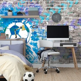Tapeta modrá futbalová lopta na tehlovej stene - 150x100