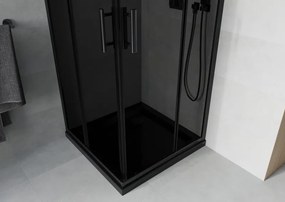 Mexen Rio, štvorcový sprchovací kút s posuvnými dverami 70(dvere) x 70(dvere) x 190 cm, 6mm šedé sklo, čierny profil + čierna sprchová vanička SLIM, 860-070-070-70-40-4070B