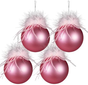 4ks ružová vianočná ozdoba gule s pierkami - Ø 10 cm